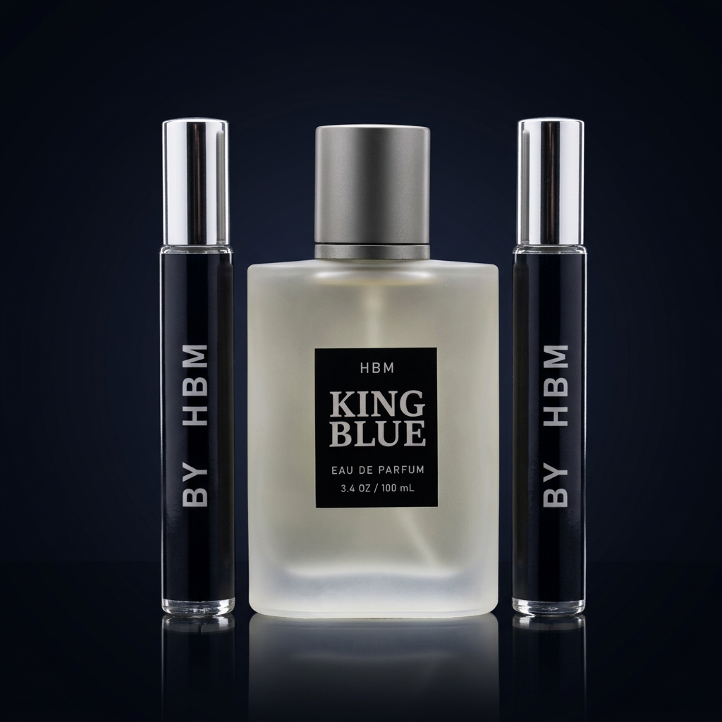 KING BLUE fragrance trio: 100 ML signature bottle centered with two 10 ML travel sizes