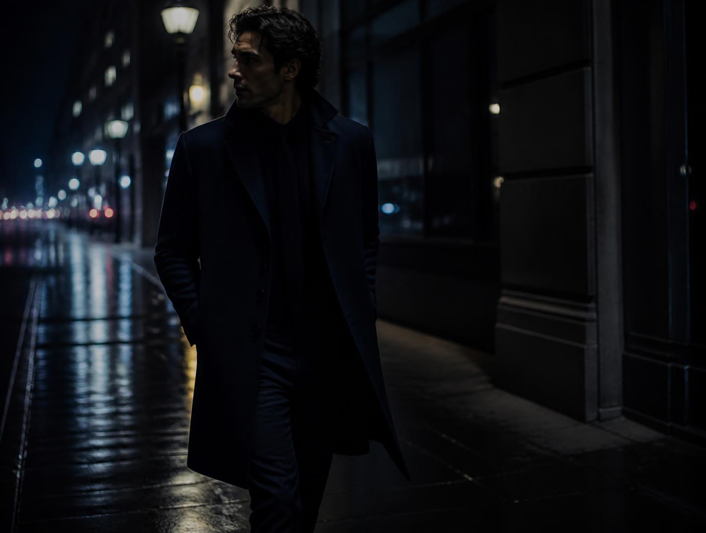 A man in a dark overcoat moving through a midnight city